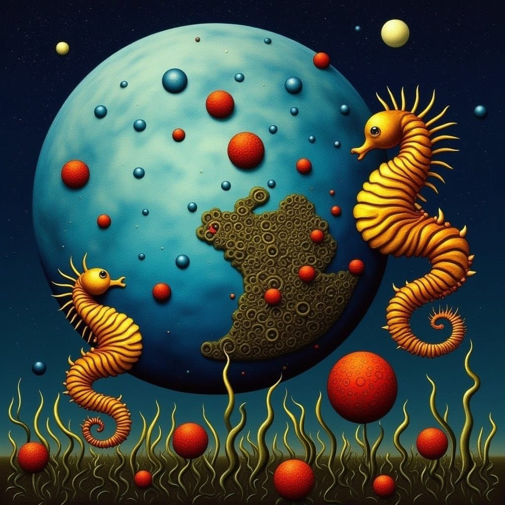 Seahorses Building a Planet in Dark Floral Style
