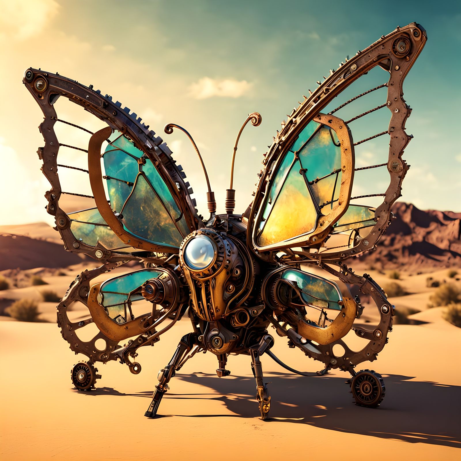 Steampunk Butterfly in Post-Apocalyptic Landscape
