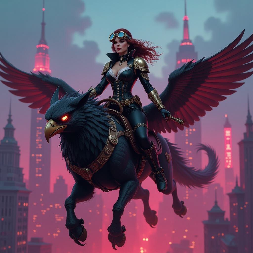 Steampunk Valkyrie Rides Gryphon Through Neon City