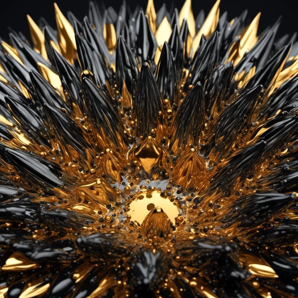 Intricate Ferrofluid Matte Painting in Black, Gold, and Silv...