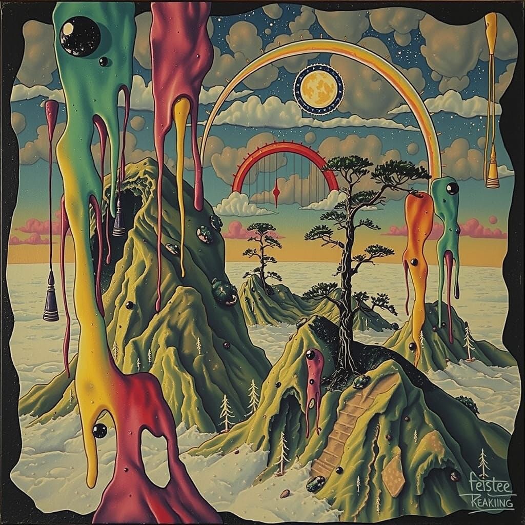 Dreamlike Amoeboid Landscape Painting in Pink, Blue, and Whi...