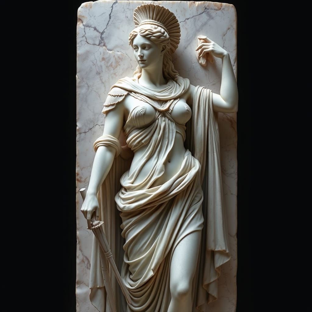 Marble Warrior Statue in Greek Attire, Photorealistic Detail