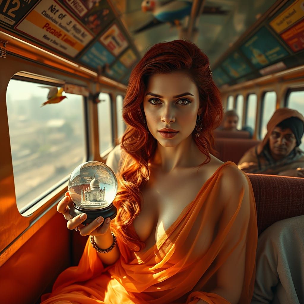 Vomiting Pin-Up with Taj Mahal in Train, Photorealistic