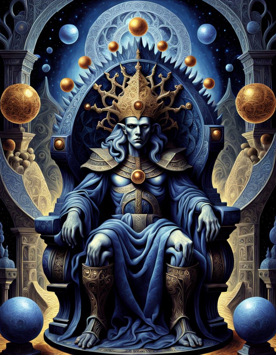 Golden Platonic Solid Being on Ornate Throne