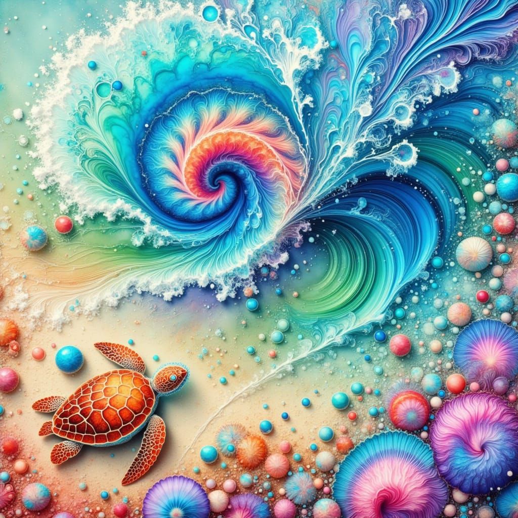 Whimsical Sea Monster in Turquoise Wave