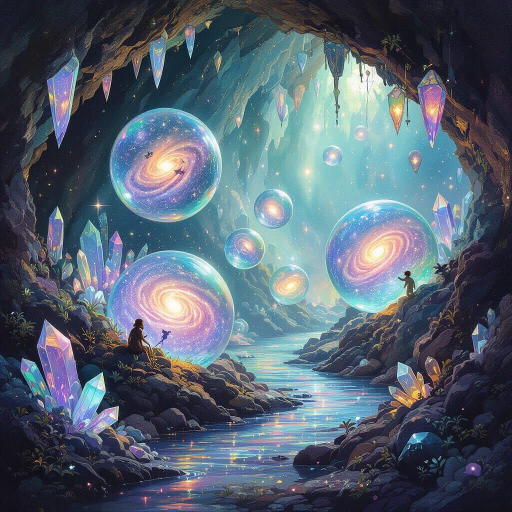 Bioluminescent Cave with Galaxy Bubbles in Impressionistic S...