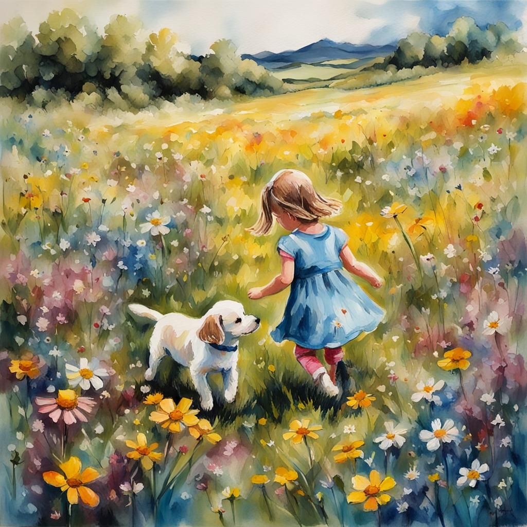 Girl and Puppy in Wildflowers: Painterly Sketch
