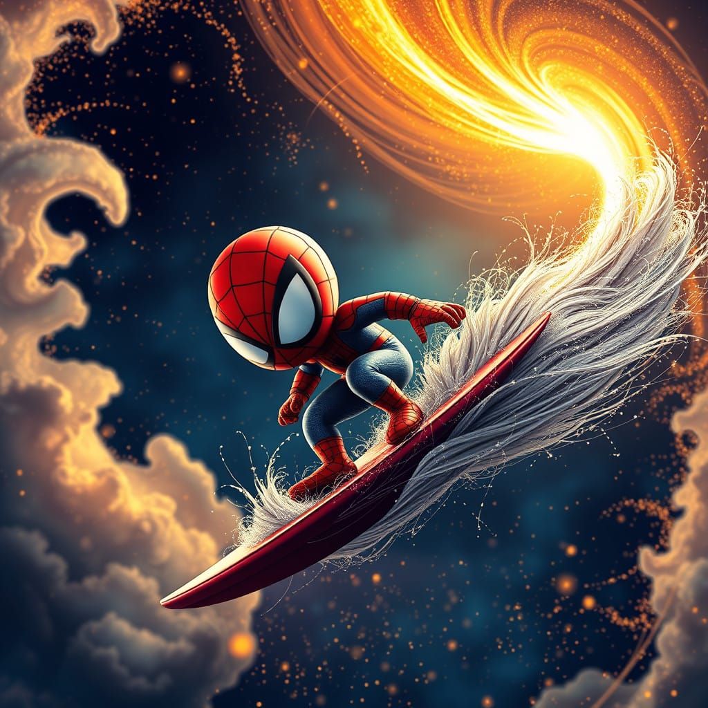 Kawaii Spiderman Surfer on Comet's Golden Tail