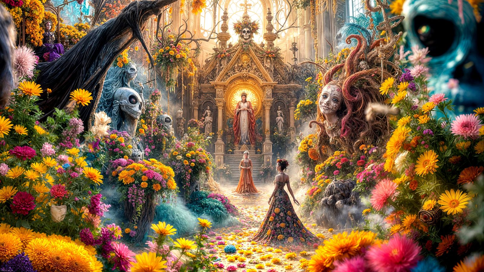 Surreal Día de Muertos Altar in Maximalist Style