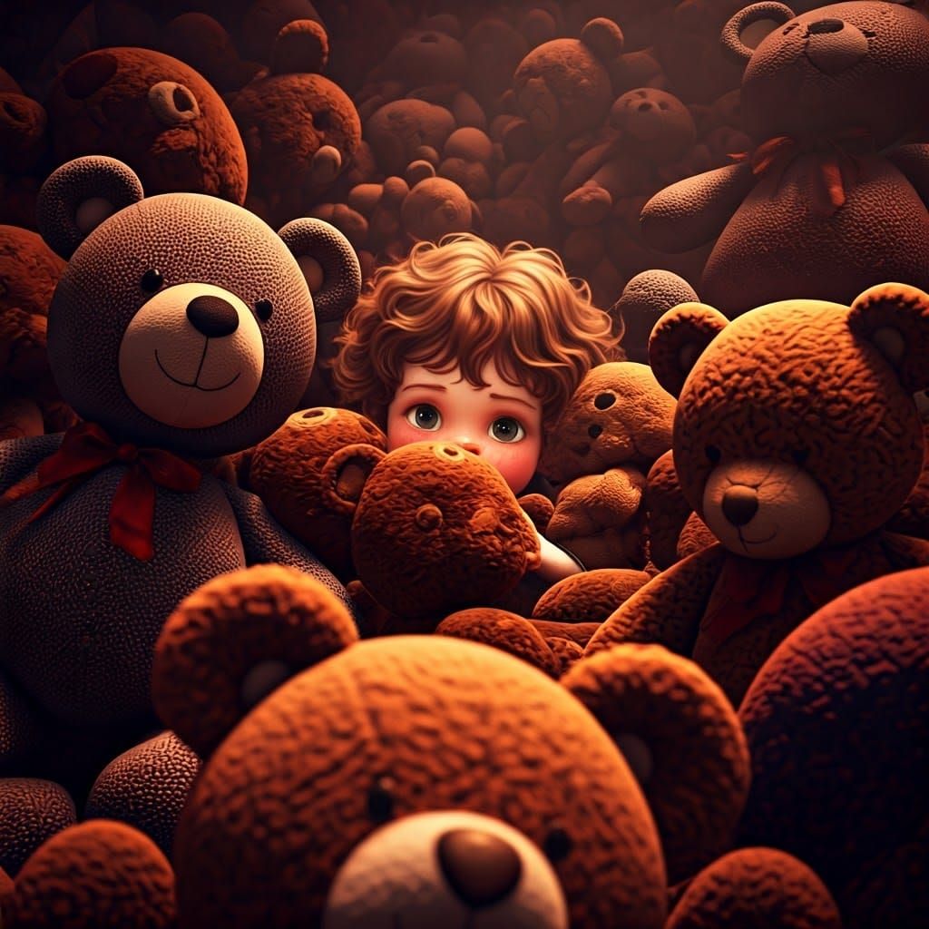 Child Hiding Among Teddy Bears in Dreamlike Art