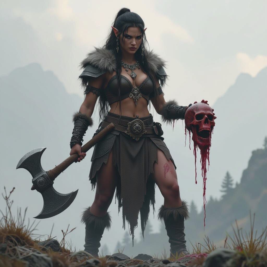 Female Troll Warlord With Ax and Head on Hillock