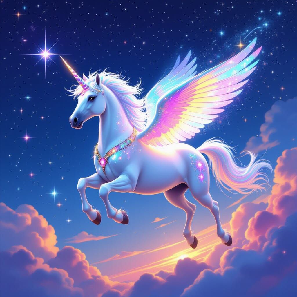 Unicorn Soaring Through Starry Night Sky