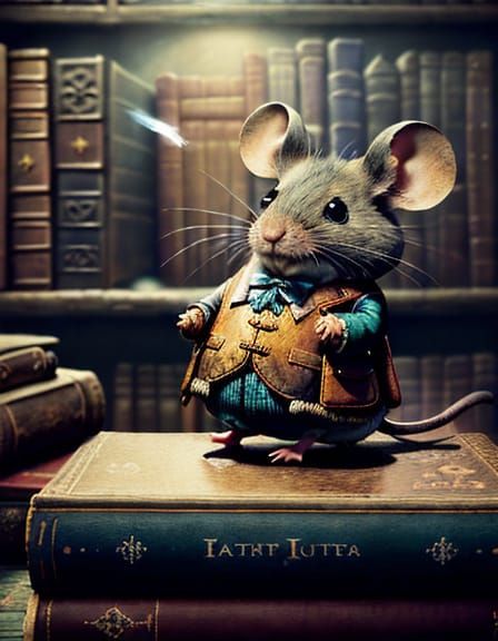 Funky Rocker Mouse Pondering Secrets in Old Library