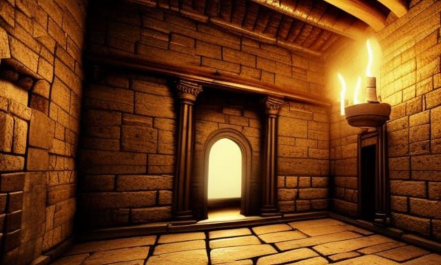 Epic Dungeon Room with Chest and Torches