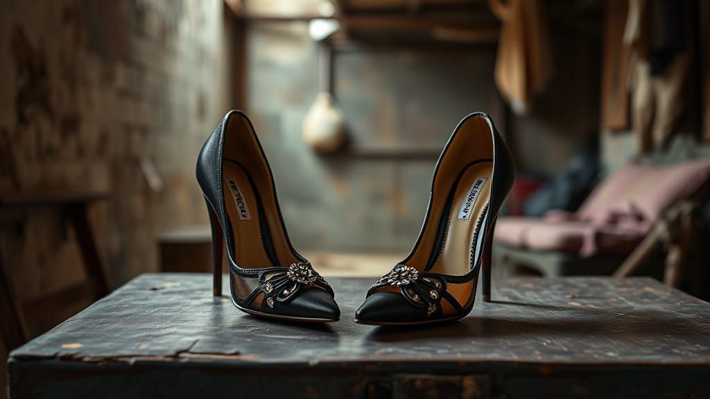 Luxurious Shoes on Rustic Tabletop: Contrasting Opulence and...