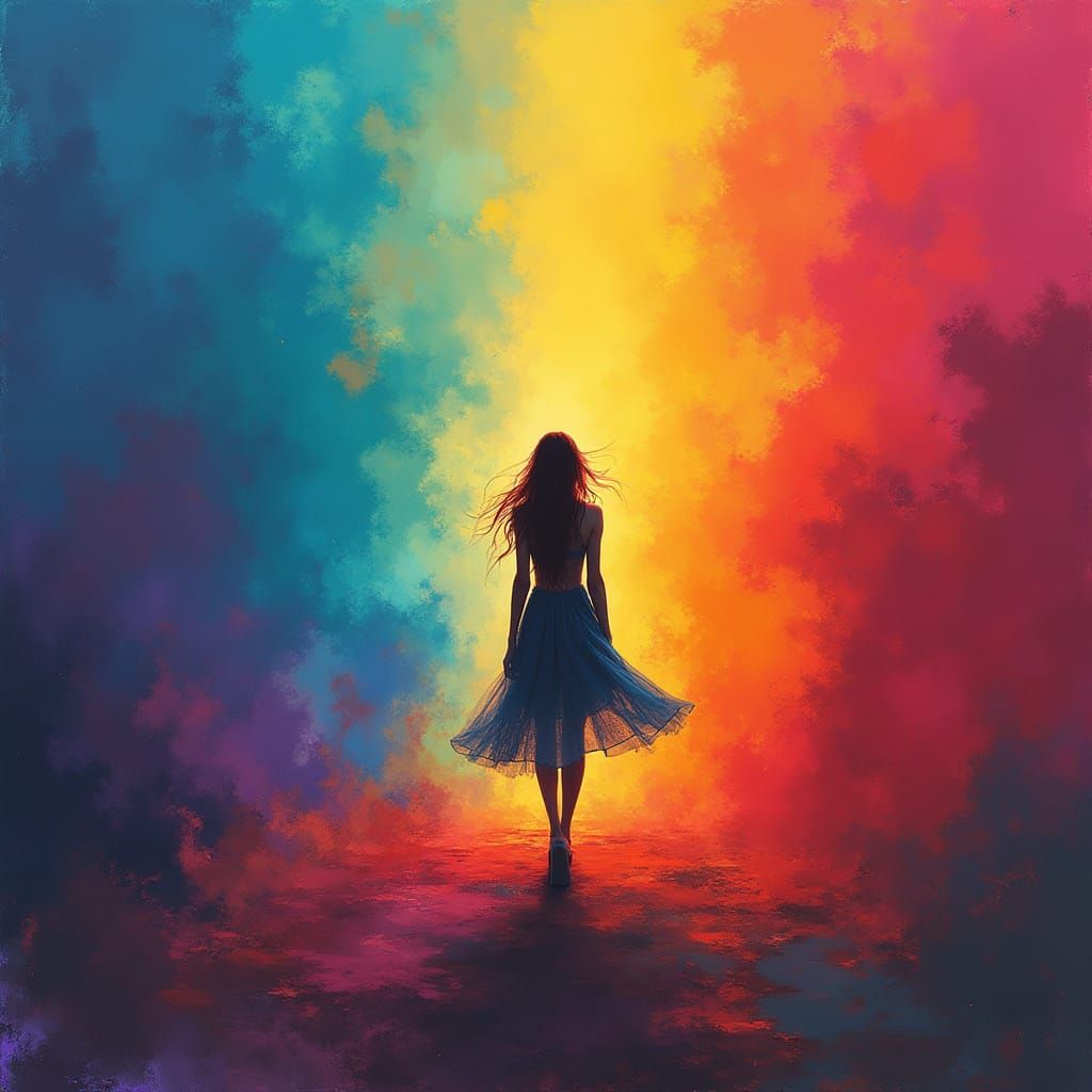 Vibrant Woman in a Dreamy Rainbow Hues Background