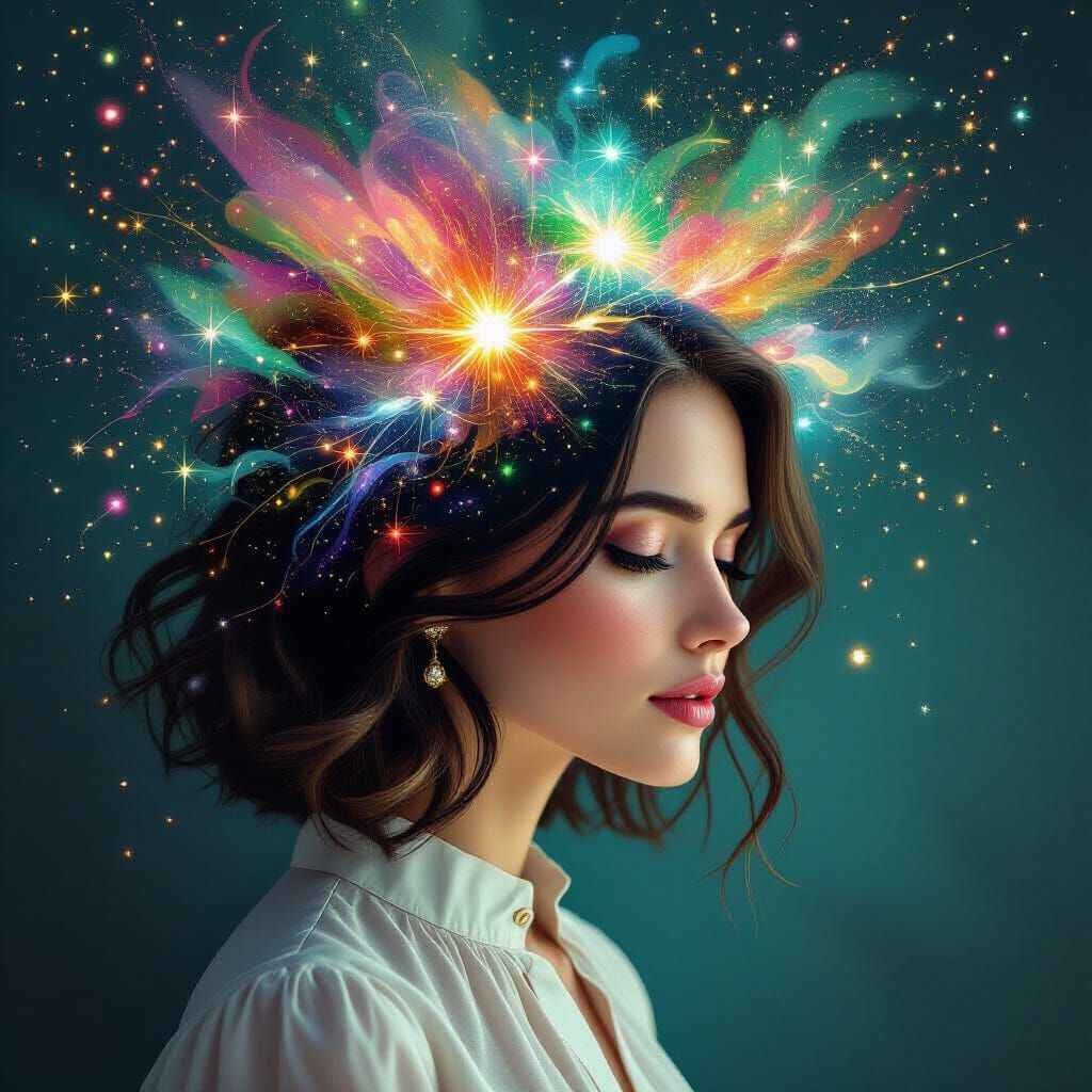 Woman's Mind Exploding with Ideas in Ethereal Style