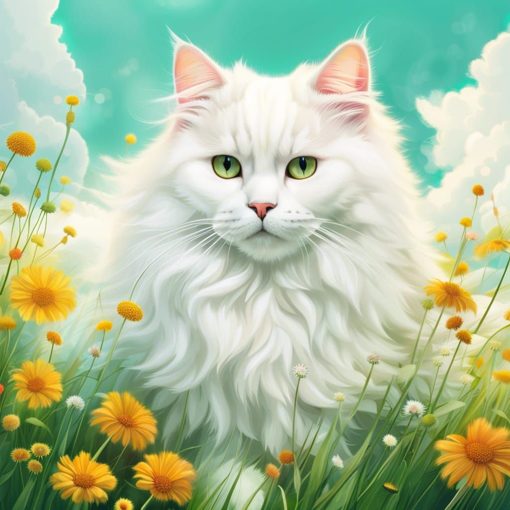 Fluffy Cloud Cat Over Summer Meadow