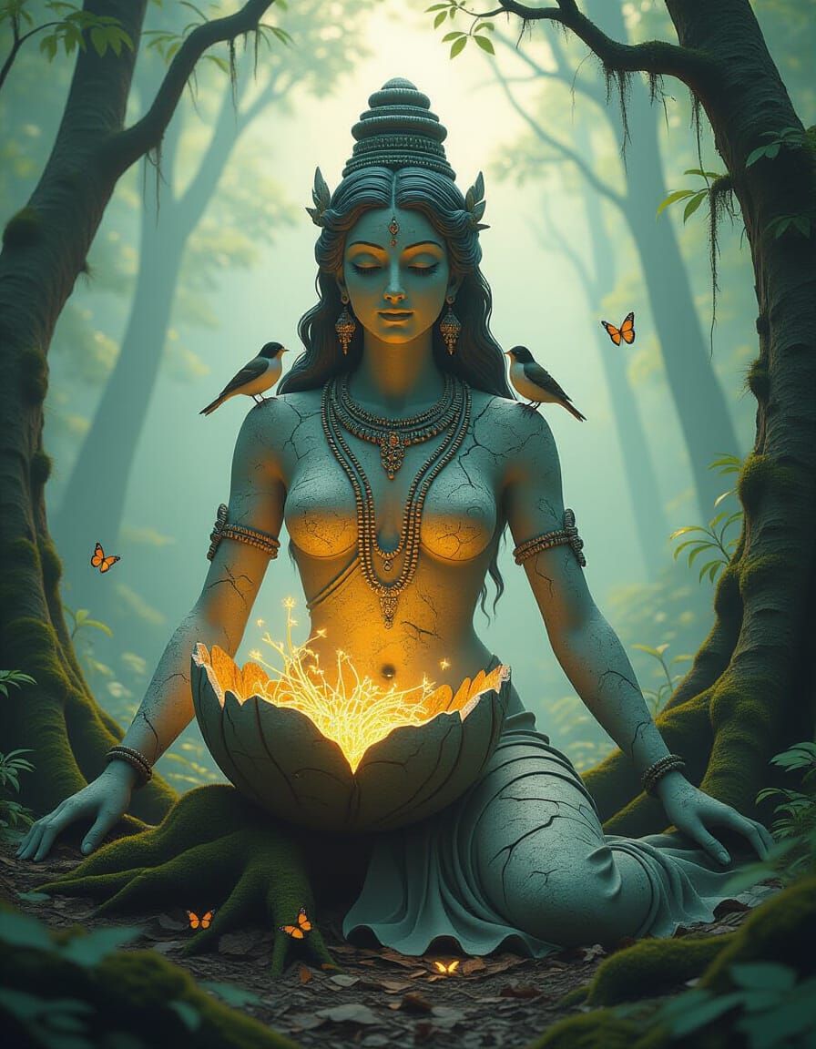 Ethereal Statue of Živa Emerges from Forest Floor