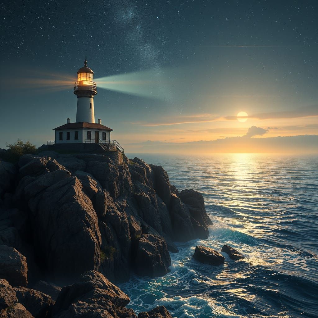 Celestial Lighthouse Guiding Ships on Summer Night