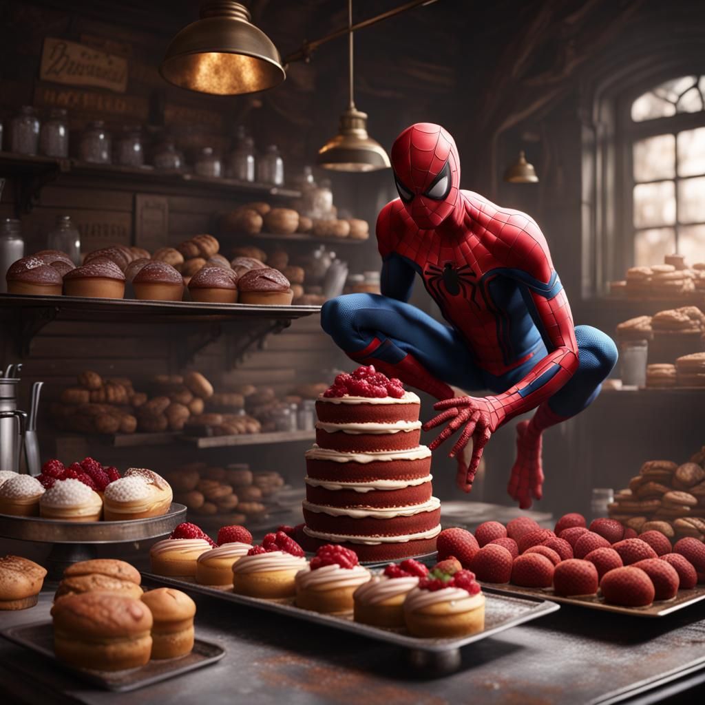 Spider-Man Baking Cake in Detailed Matte Painting