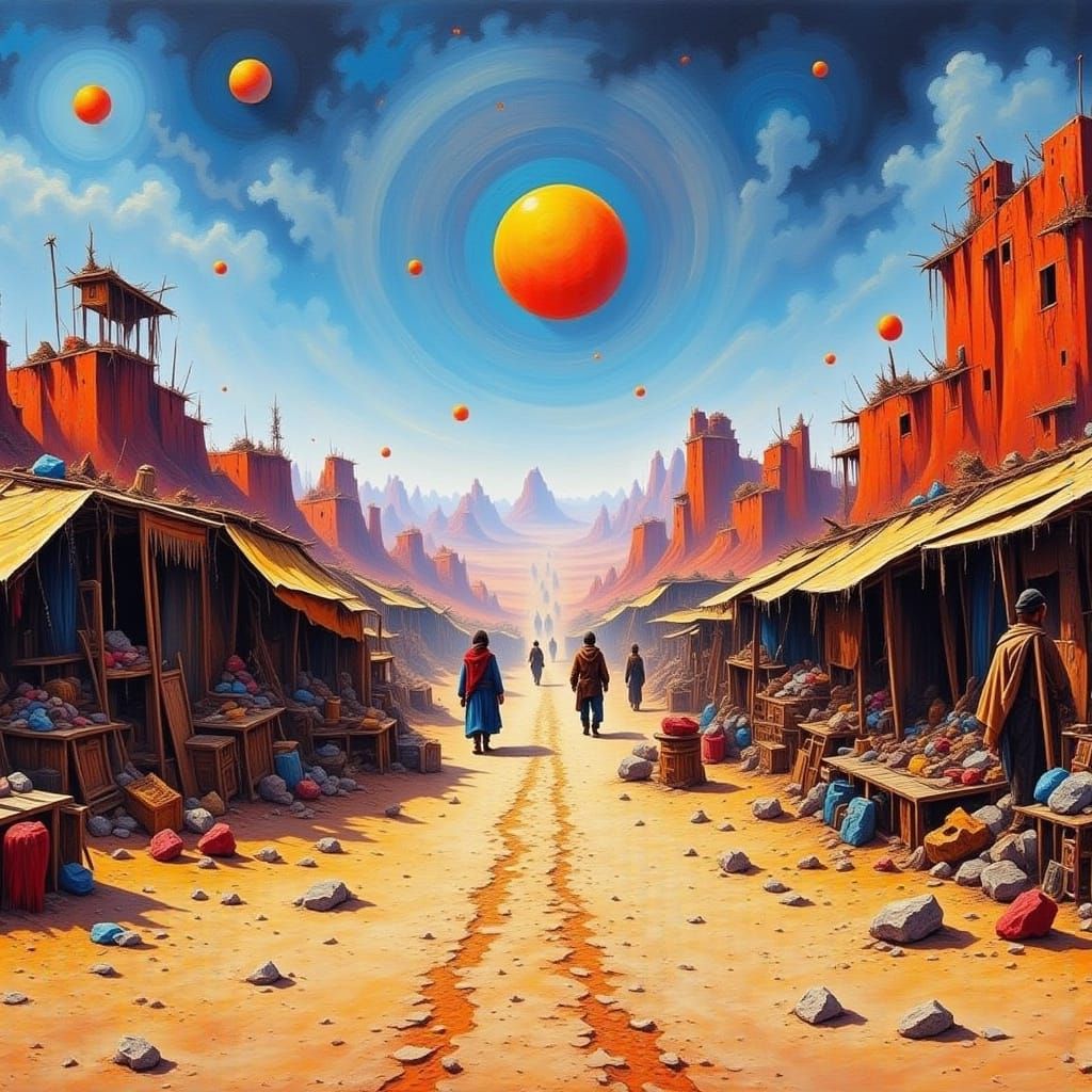 Vibrant Desert Bazaar with Buyers and Sellers