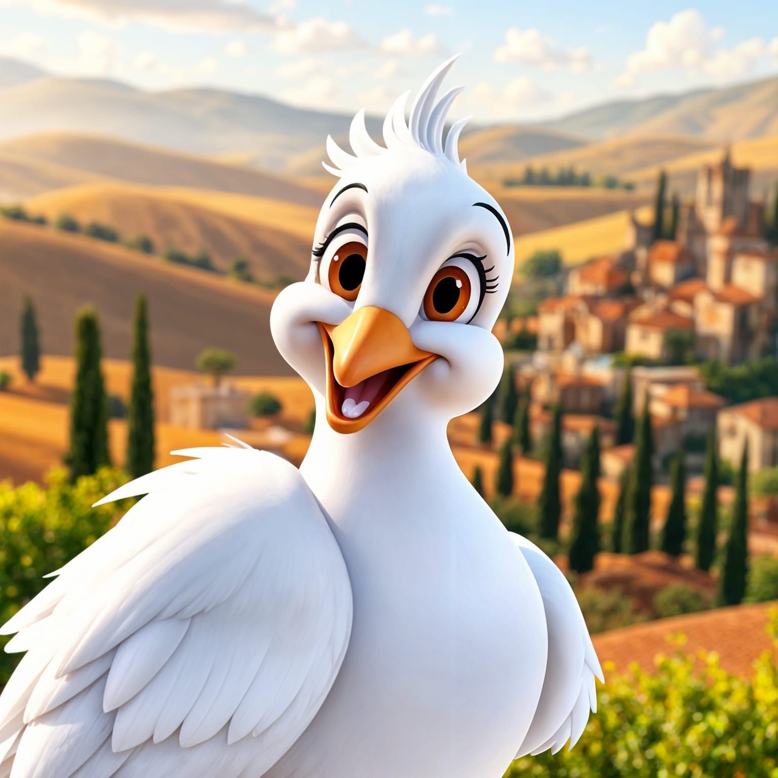 Disney-Inspired White Dove Soars in Tuscan Panorama