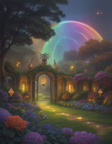 Fantasy Garden Art with Rainbow and Alien Flowers