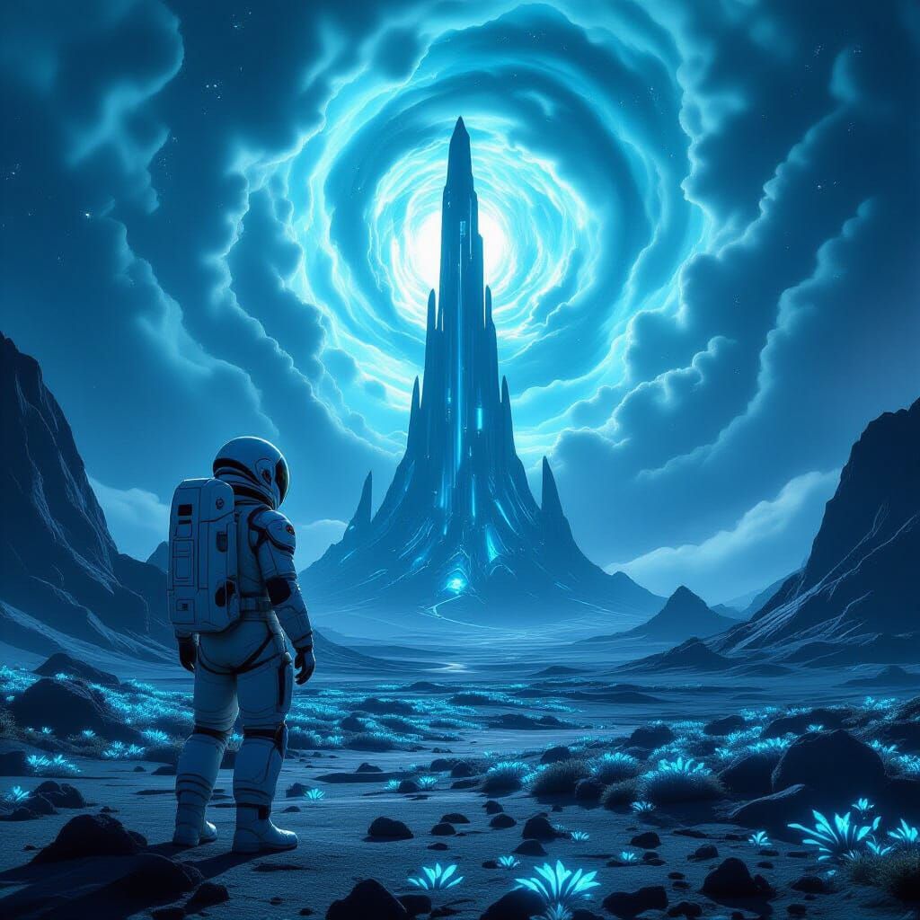 Astronaut Gazes at Colossal Crystal on Alien World