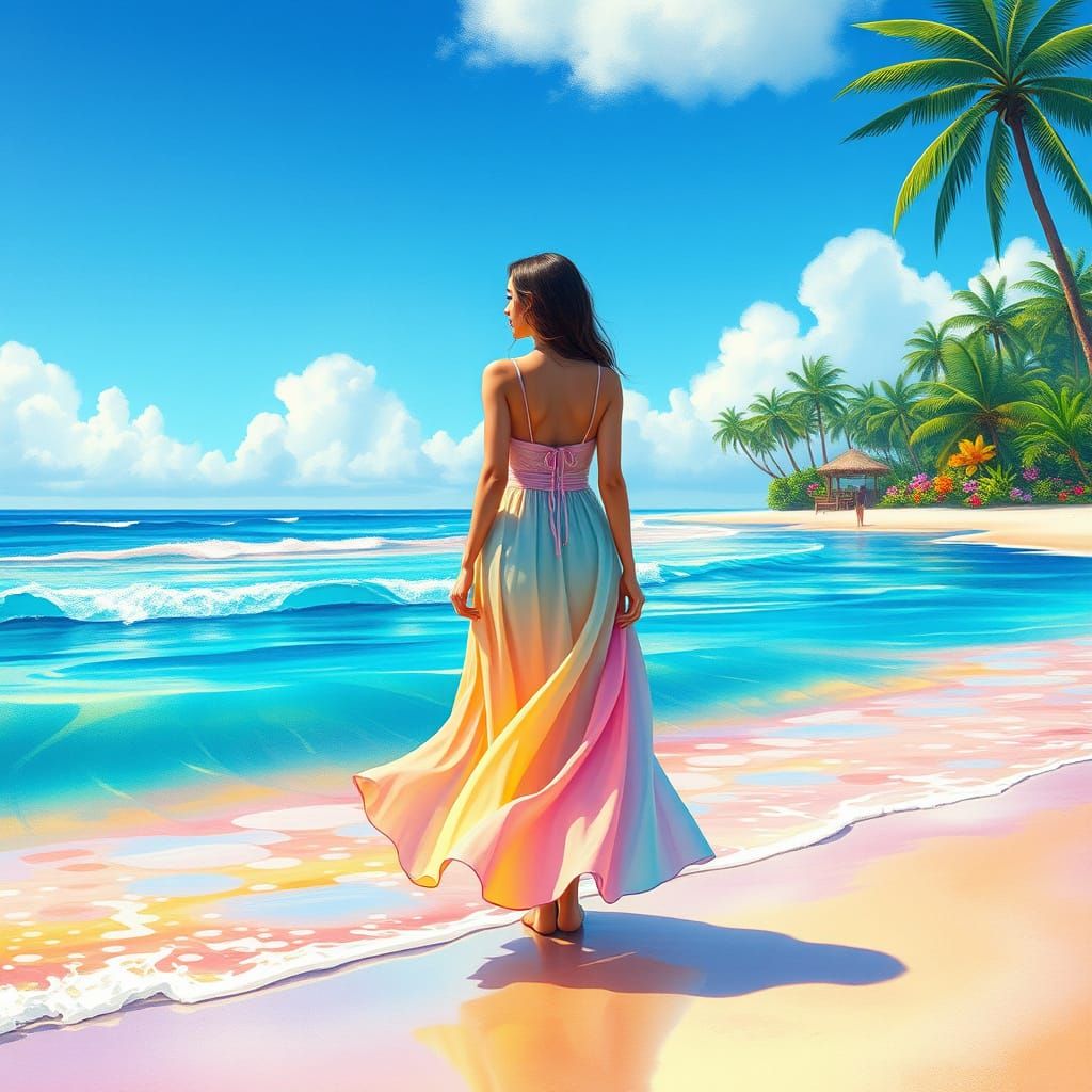 Serene Woman in Whimsical Tropical Paradise