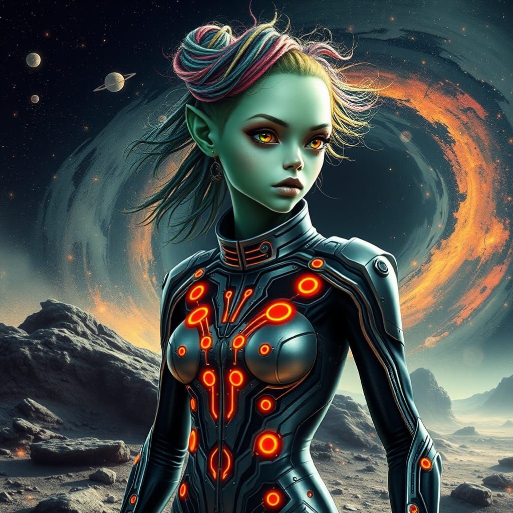 Alien Woman with Ink Hair on Asteroid