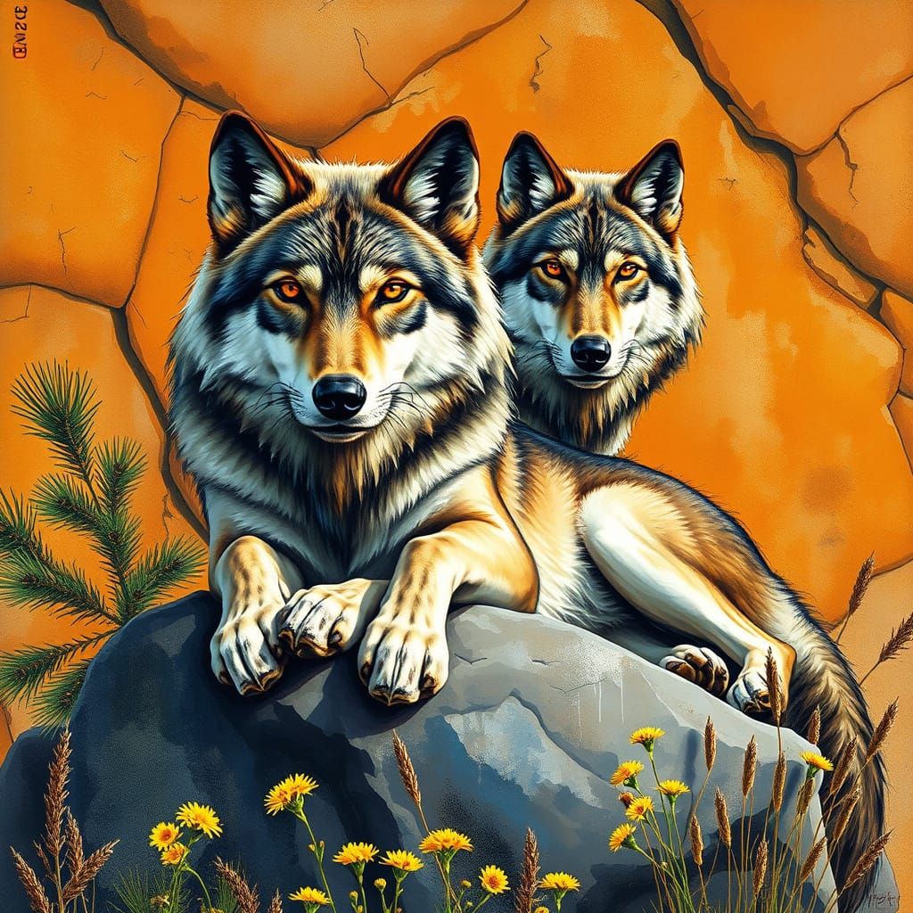 Majestic Wolves in Expressive Mixed Media Style