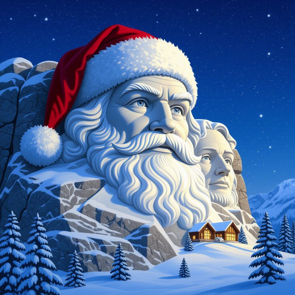 Santa Claus Head Carved on Mount Rushmore in Snowy Landscape