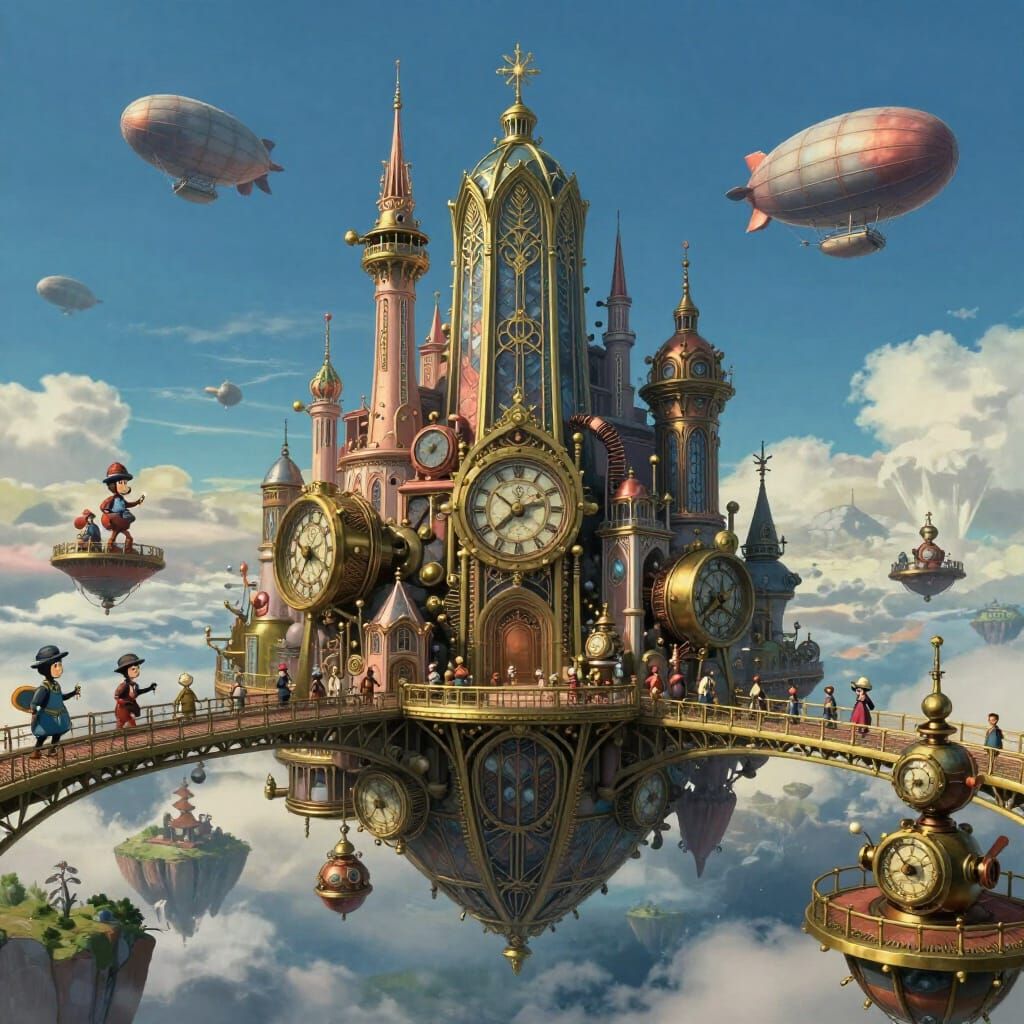 Whimsical Clockwork City on Floating Islands