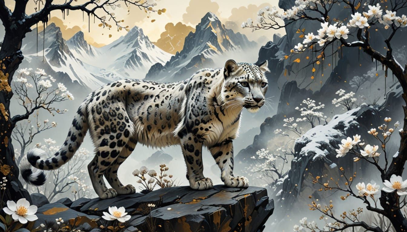 Misty Mountain Landscape With Snow Leopard Oil Painting
