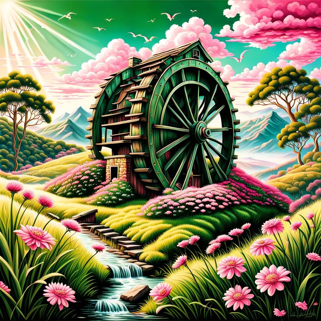 Pink and Green Meadow with Water Wheel in Tonalist Style