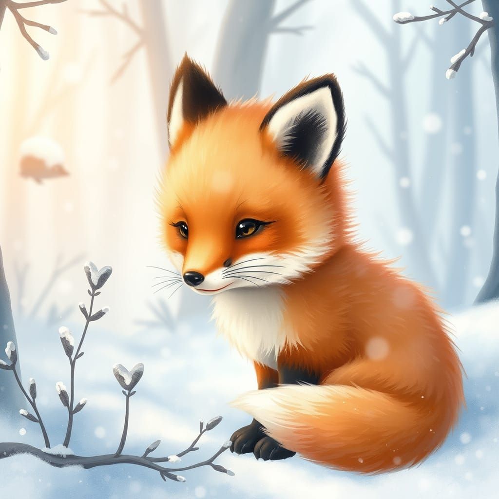 Adorable Baby Fox in Snowy Forest Storybook Illustration