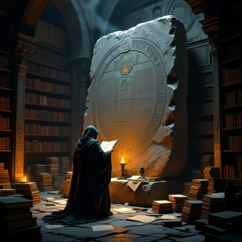 Within a clandestine chamber, a lone figure deciphers ancien...
