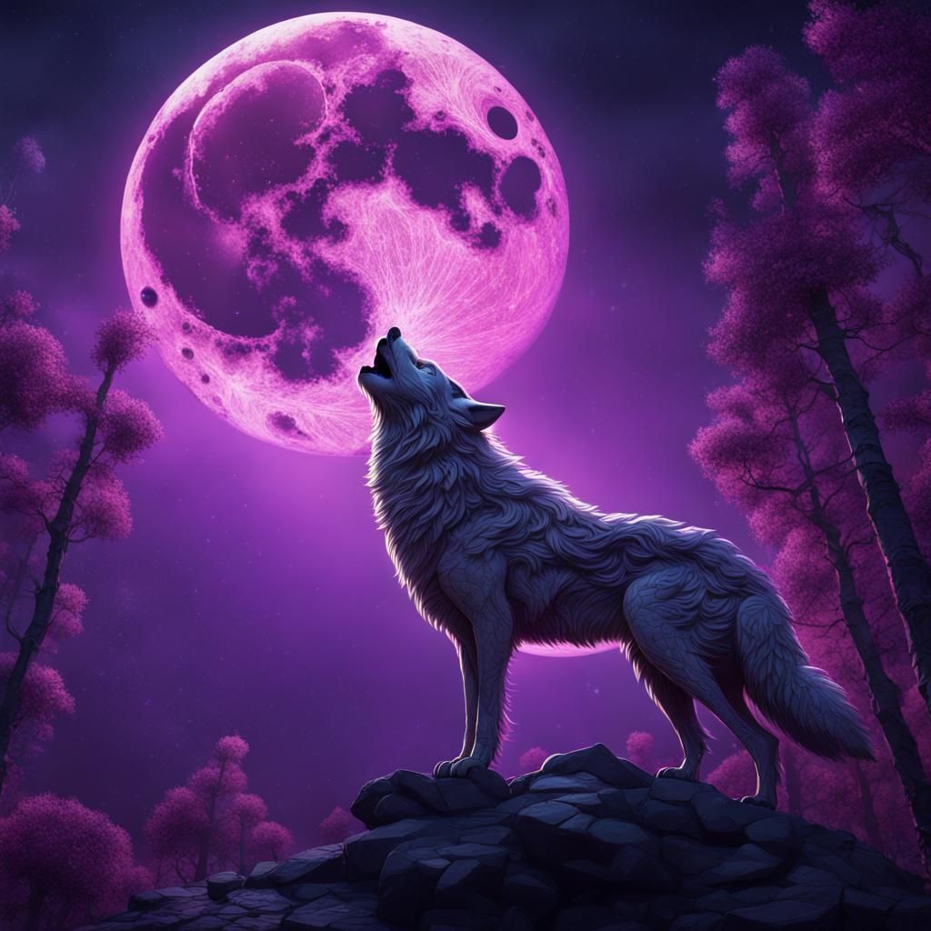 Mosaic Wolf Howling at Purple Moon