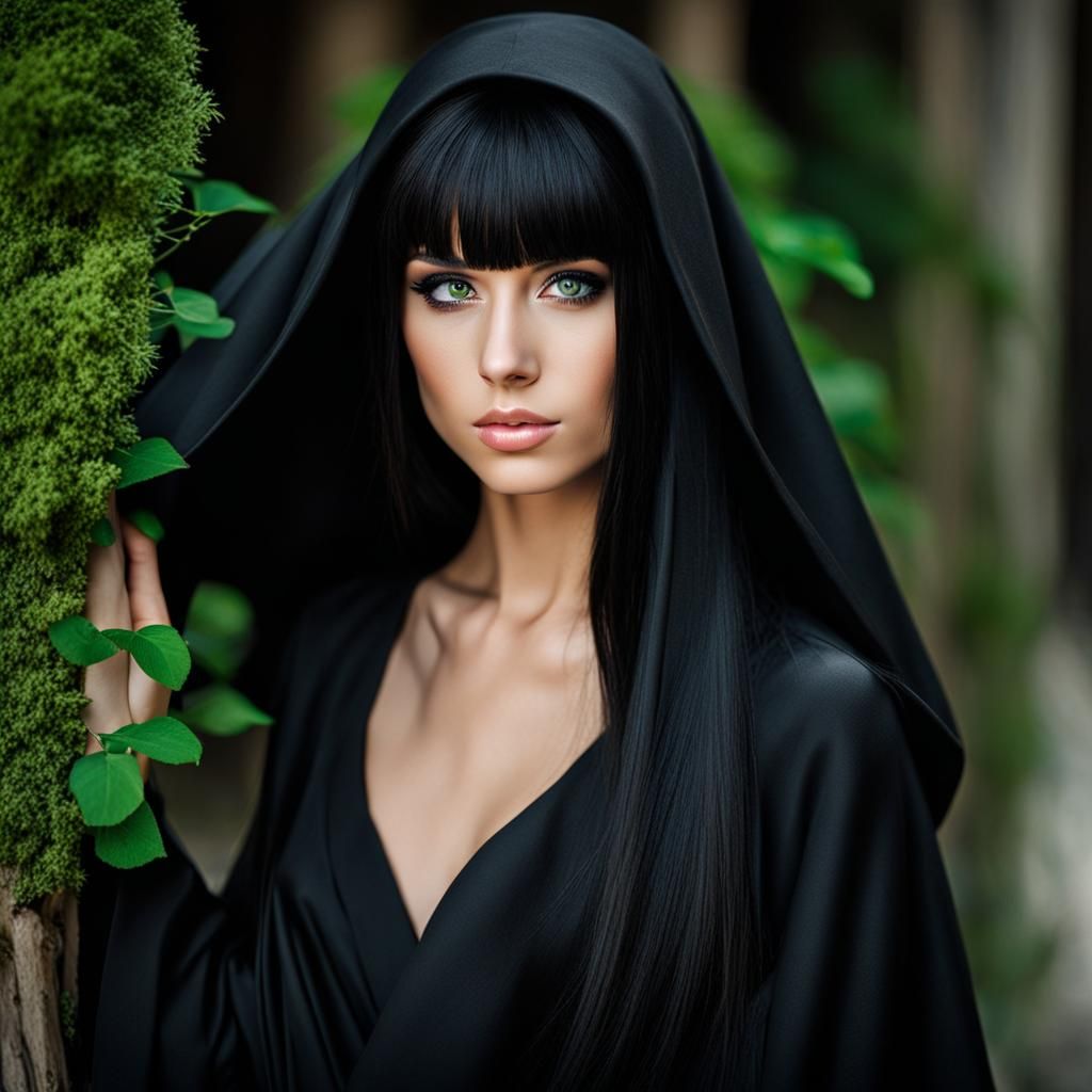Beautiful Woman with Black Hair in Priest Robe