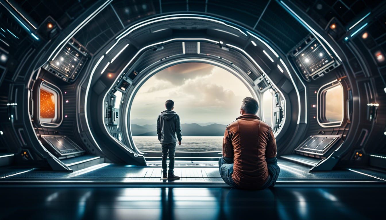 Hyperrealistic Astroport Scene: Man Awaiting Spaceship