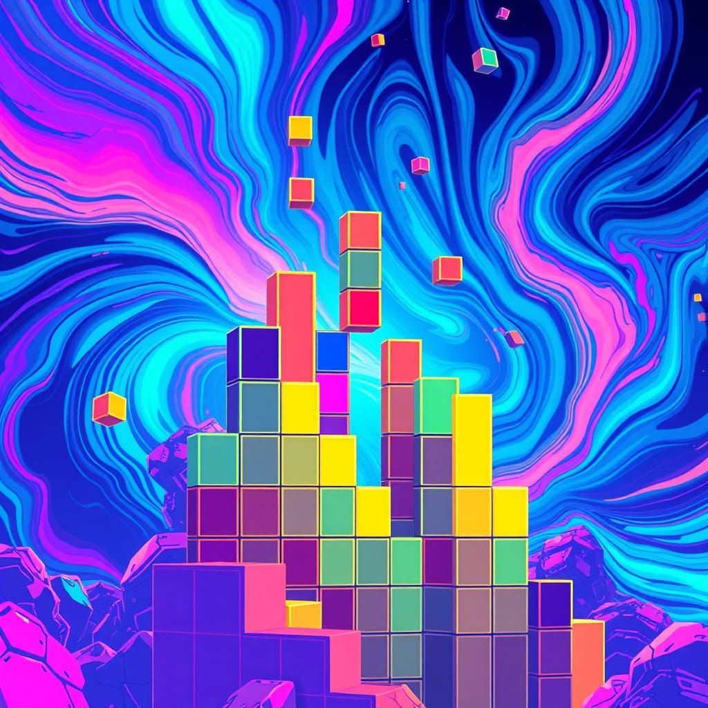 Futuristic Tetris Blocks in Neon Psychedelia