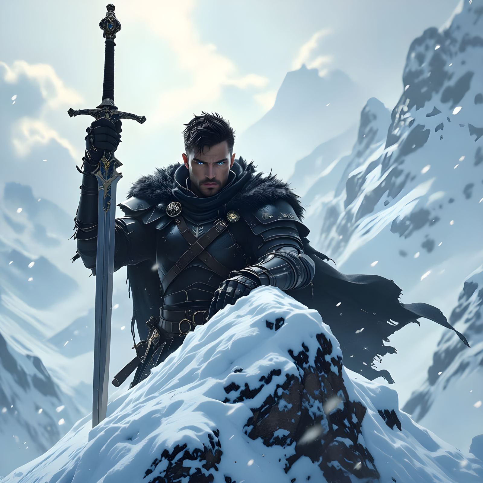 Fierce Warrior on Snowy Peak in Hyperdetailed Style