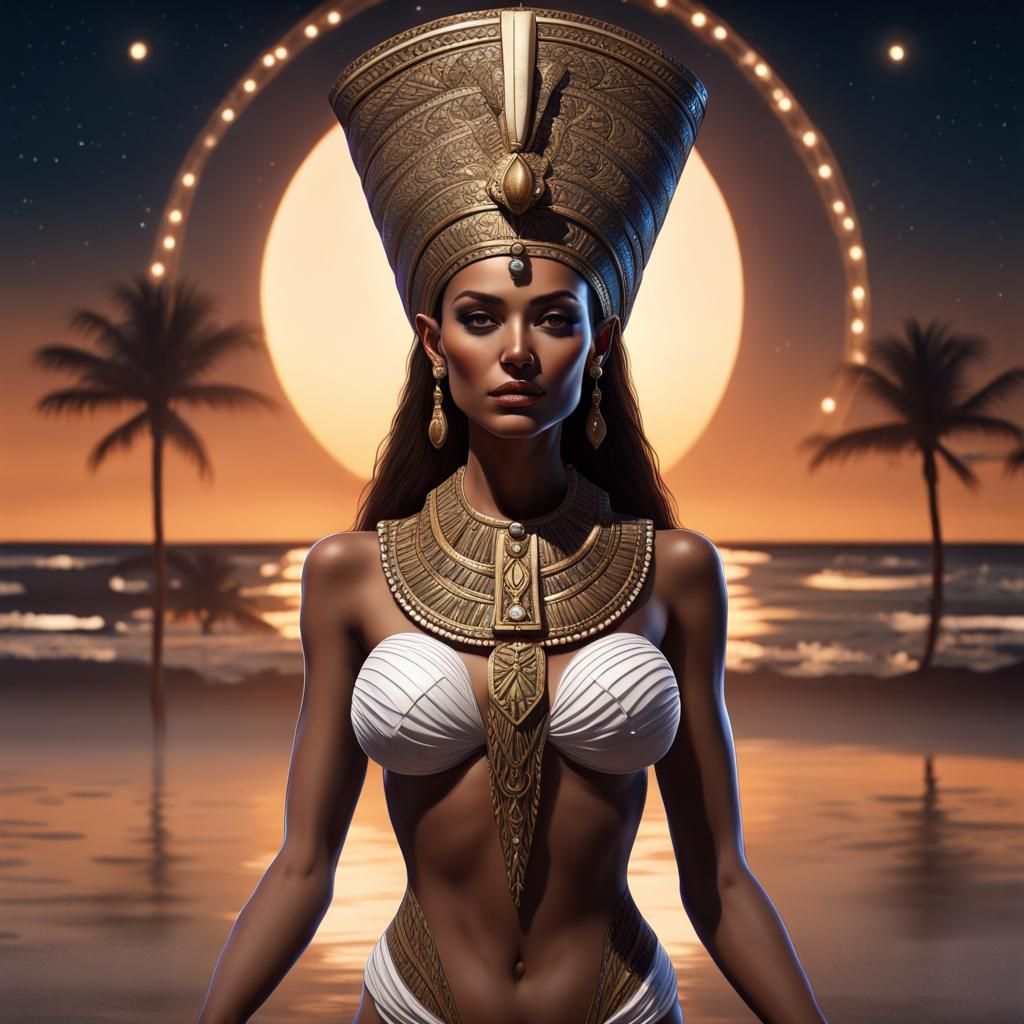 Goddess Nefertiti on a Beach in Matte Painting Style
