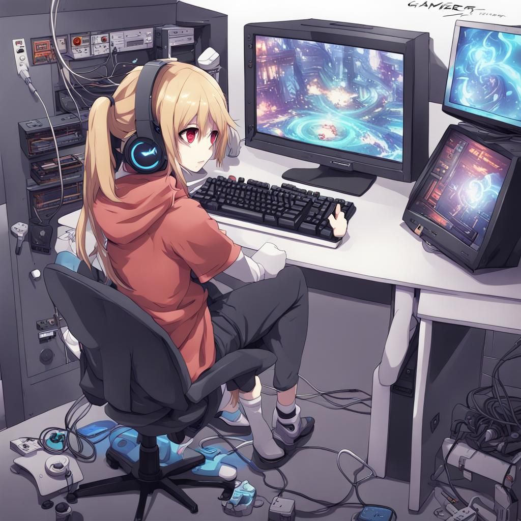 Gamer Playing Computer Game in Anime Style