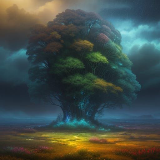 Rainy Starry Night Landscape in Digital Art Style