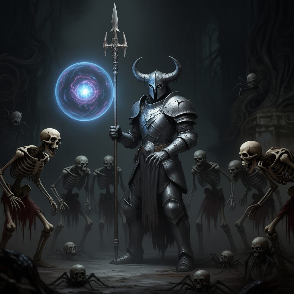 Silver Knight Defends Magic Sphere from Zombie Horde