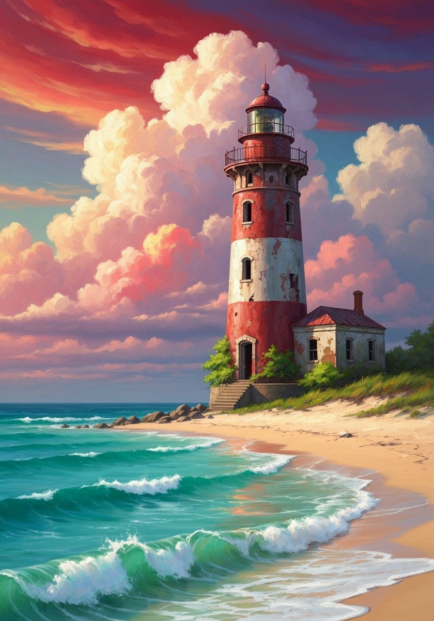 Lighthouse on Sandy Beach: Impasto Oil Painting