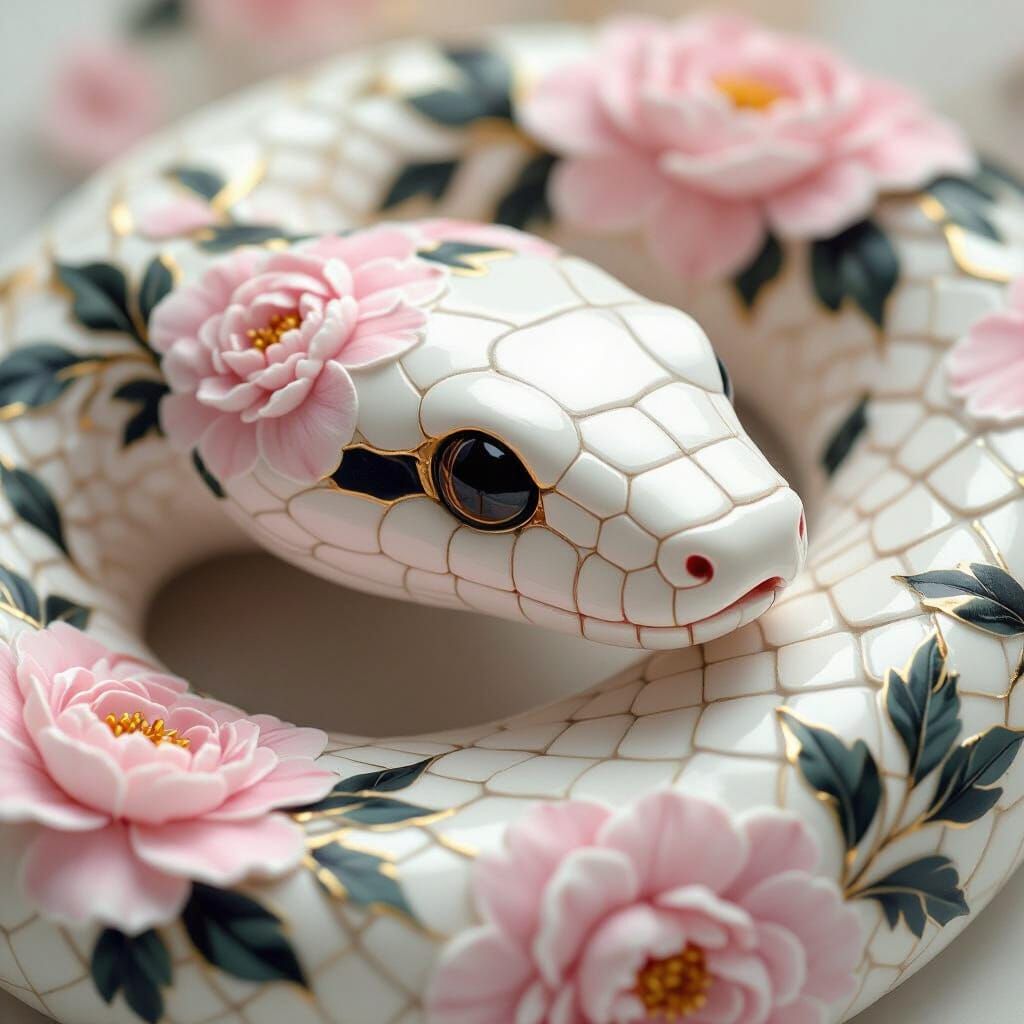 Porcelain Snake with Peony Design, Delicate Ceramic Art