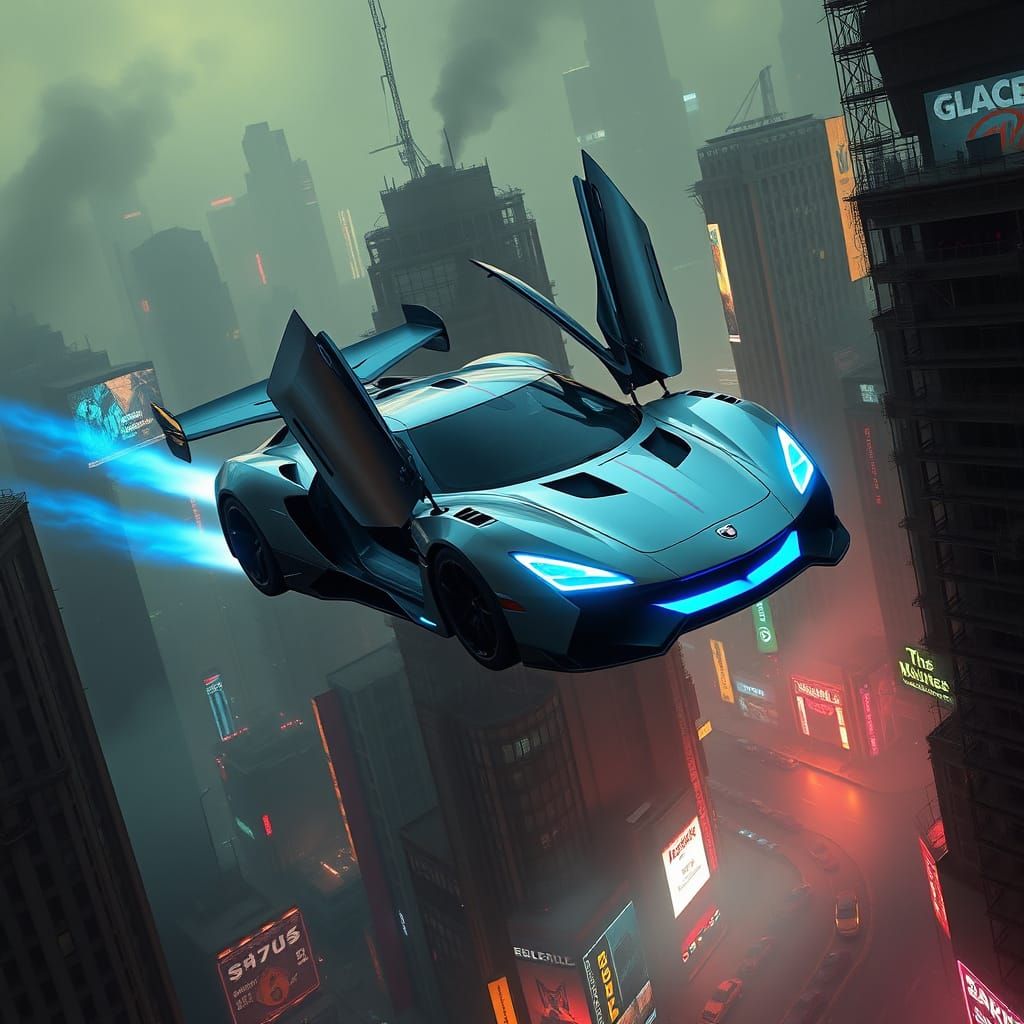 Sleek High-Tech Sports Car Soars Through Dystopian City